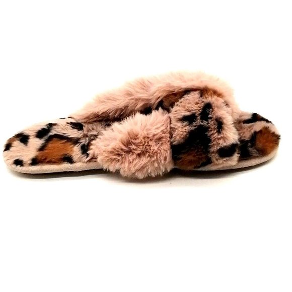 Loft Womens Slide Slipper Brown Beige Leopard Print Faux Fur Cross Straps M 7-8 - Picture 2 of 9